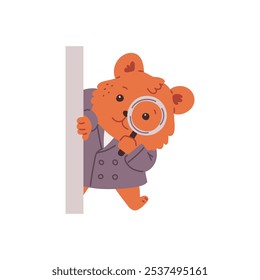 Vector illustration of a cute detective bear with a magnifying glass on a white background. A cute animal investigator icon, passionate about finding clues