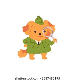 Vector illustration of cute detective dog in green coat, hat and magnifying glass. detective animal on isolated background for children's design. Flat cartoon style.