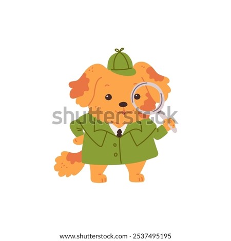 Vector illustration of cute detective dog in green coat, hat and magnifying glass. detective animal on isolated background for children's design. Flat cartoon style.
