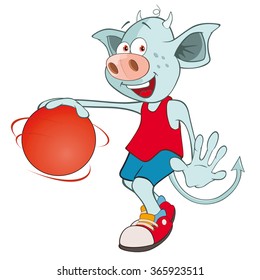 Vector Illustration of a Cute Devil. Basketball player. Cartoon Character