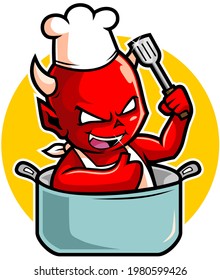 vector illustration of cute devil chef cooking character good for mascot logo design and halloween greetings card