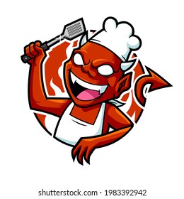 vector illustration of cute devil chef cartoon cooking in the kitchen good for design graphic mascot logo character and halloween greetings card