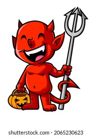 vector illustration of cute devil with pumpkin for halloween greeting card