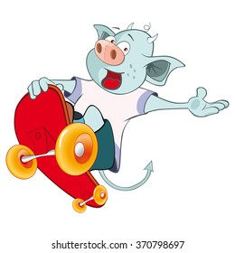 Vector Illustration of a Cute Devil. Skateboarding. Cartoon Character