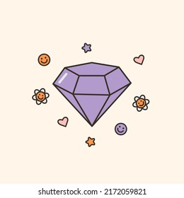 Vektorgrafik eines süßen Diamanten mit blühenden Blumen und Herzen. Cartoon Girls Schmuck. Abstrakter Edelstein. Trendsetter-Symbol für alte Schulen