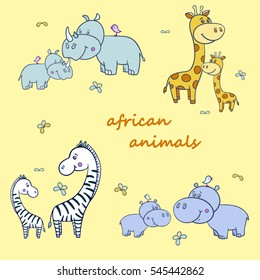Vector illustration of cute different african wild animals set including giraffe, zebra,  Hippo and Rhino on a yellow background.Moms and kids.