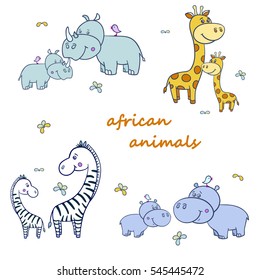 Vector illustration of cute different african wild animals set including giraffe, zebra,  Hippo and Rhino on a white  background.Moms and kids.