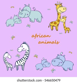 Vector illustration of cute different african wild animals set including giraffe, zebra, Hippo and Rhino on a pink background.Moms and kids.