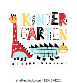 Vector illustration of cute dino. Hand drawn KINDERGARTEN lettering. For nursery, birthday invitation, children's party.