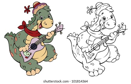 Vector illustration, cute dino playing guitar, card concept, white background.