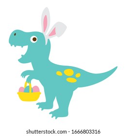 Vector illustration of a cute dinosaur with bunny ears holding a Easter eggs basket.