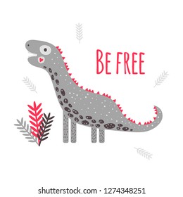 Vector illustration. Cute dinosaur Diplodocus. Print for children with text be free. Red and grey. Leaves.