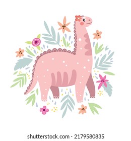 Vector illustration with cute dinosaur, flowers and leaves.