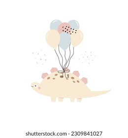 Vector illustration of a cute dinosaur flying with air balloons. Sweet design for kids prints, frame arts, decorations.
