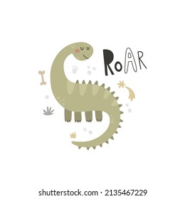 Vector Illustration, Cute Dinosaur And Hand Lettering Roar Text