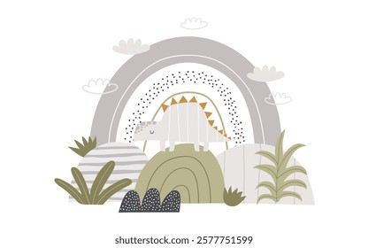 Vector illustration of cute dinosaur, hills, rainbow, palm and tropical plants. Stegosaurus. Cartoon dino design for kids. Cute dinosaur character for kids. Poster, postcard, print. 