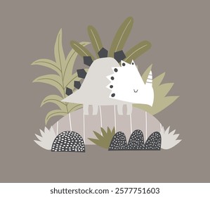 Vector illustration of cute dinosaur, hills, palm and tropical plants. Triceratops. Cartoon dino design for kids. Cute dinosaur character for kids. Poster, postcard, print. 