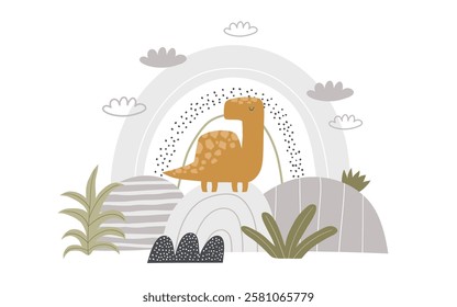 Vector illustration of cute dinosaur, hills, rainbow, palm and tropical plants. Stegosaurus. Cartoon dino design for kids. Cute dinosaur character for kids. Poster, postcard, print. 