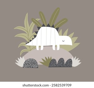 Vector illustration of cute dinosaur, hills, palm and tropical plants. Stegosaurus. Cartoon dino design for kids. Cute dinosaur character for kids. Poster, postcard, print. Jurassic.