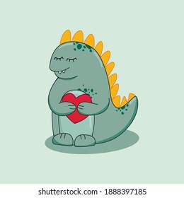 vector illustration of a cute dinosaur holding a heart
