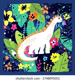 Vector illustration.
Cute dinosaur on a background of tropical plants.
Usage: poster, postcard, clothes.