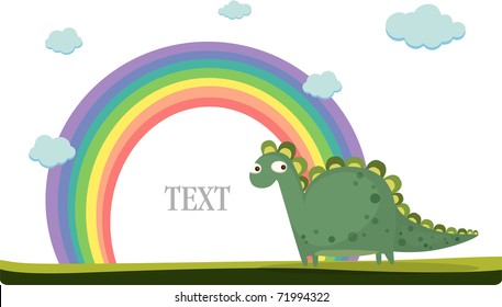 Vector illustration of cute dinosaur and rainbow background.
