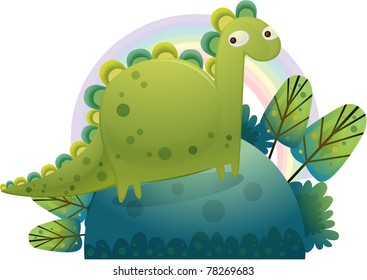 Vector illustration of cute dinosaur and rainbow background.