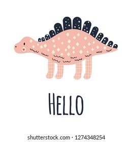 Vector illustration. Cute dinosaur stegosaurus. Print for kids with the text hello. Pink, white, dark blue.