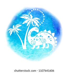Vector illustration with a cute dinosaur under palms. White  silhouettes on a blue-turquoise watercolor background. It can be an element of design, a greeting card or an invitation.