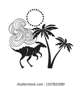 Vector illustration with a cute dinosaur under palms. Black silhouettes on white background. It can be an element of design, a greeting card or an invitation.