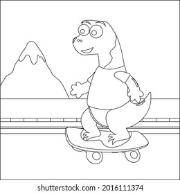 Vector illustration of cute dinosaurs on skate board. Cartoon isolated vector illustration, Creative vector Childish design for kids activity colouring book or page.