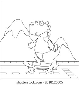 Vector illustration of cute dinosaurs on skate board. Cartoon isolated vector illustration, Creative vector Childish design for kids activity colouring book or page.