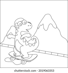 Vector illustration of cute dinosaurs on skate board. Cartoon isolated vector illustration, Creative vector Childish design for kids activity colouring book or page.