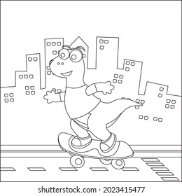 Ilustración vectorial de lindos dinosaurios en la tabla de patinaje. Ilustración vectorial aislada de dibujos animados, Diseño infantil vector creativo para la actividad infantil libro o página de coloración.