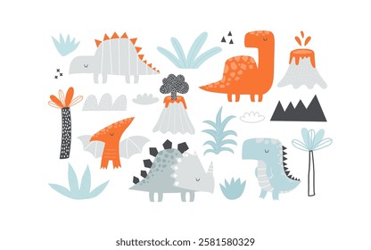 Vector illustration of cute dinosaurs, tropical leaves, palm tree, volcano, landscape elements. Jurassic. Triceratops, pterodactyl, stegosaurus, t-rex, raptor. Cartoon dinosaur set for children.