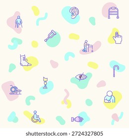 Ilustración vectorial de un lindo ícono de Pictogramas de Personas de Discapacidad. Colección de atención médica para discapacitados, herramientas médicas, equipo, figura de palo, muletas, silla de ruedas, bastón, silla de ruedas eléctrica