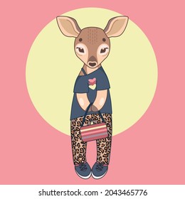 Vector illustration of a cute doe in clothes.