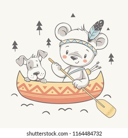 Vector illustration of a cute dog and baby bear Indian with paddle on canoe.