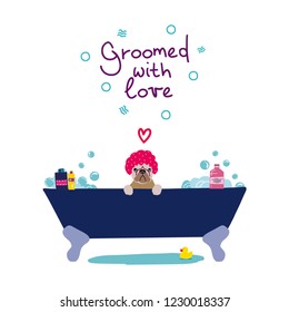 Vector illustration of cute dog in the bath with foam and shampoos and handwritten phrase Groomed with love. Hand drawn pet care illustration