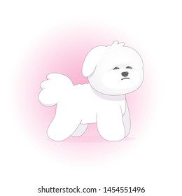 Vector illustration, Cute dog Bichon Frize in a stylized cartoon style. White color with black on a pink background.
