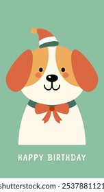 Vector Illustration of a Cute Dog with Birthday Hat and Bow - Perfect for Greeting Cards and Party Invitations