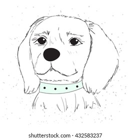 Vector illustration of a cute dog with a blue collar for postcards, T-shirt and other  apparel. 