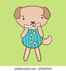 vector illustration of a cute dog with bone in mouth on light green background