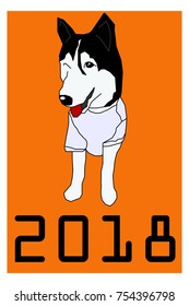 Vector illustration cute dog breed Siberian Husky  Happy New Year 2018
