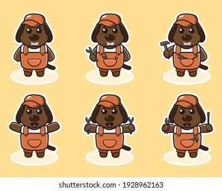 Vector illustration of cute Dog cartoon Mechanic. Cute Dog expression character design bundle. Good for icon, logo, label, sticker, clipart.