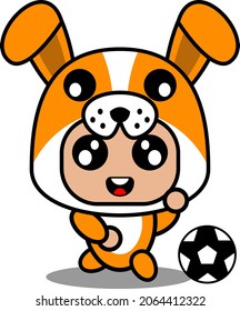 Vector Illustration Of Cute Dog Cartoon Character Animal Mascot Costume Playing Football