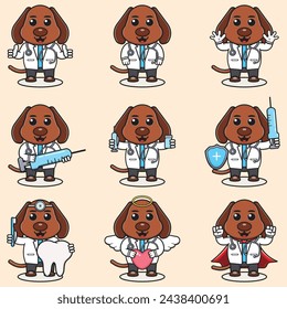 Vector Illustration of Cute Dog cartoon with Doctor costume. Set of cute Dog characters. Collection of funny little Dog.