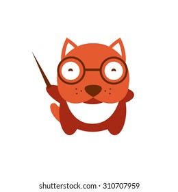 Vector illustration of cute dog. Vector illustration of cartoon bulldog. Cute red haired dog cat teacher. School image teacher dog with glasses. Funny character baby bulldog