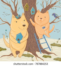 Vector illustration with cute dog and cat that make birdhouses. Spring is coming! Template for greeting card.