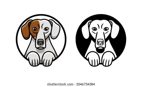 Vector illustration of a cute dog, in color and black and white version, framed in a circular shape, to use like logo or design element.